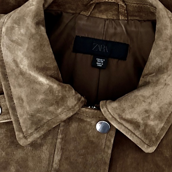 ZARA Suede Leather Bomber Jacket Pockets Outdoors Taupe Streetwear Brown Small - Picture 12 of 15